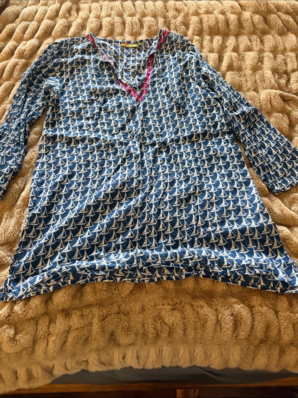 Blue Sailboat Print V-Neck Women's Lightweight Coverup